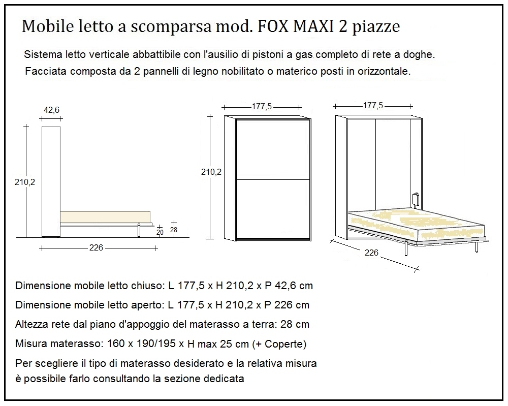 scheda tecnica letto a scomparsa letti due piazze fox