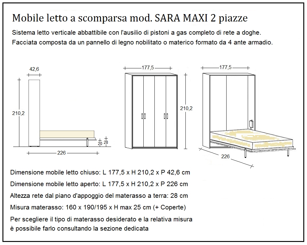 scheda tecnica letto a scomparsa letti due piazze sara