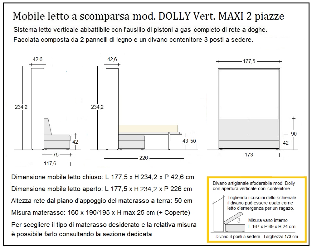 scheda tecnica letto a scomparsa letti due piazze dolly verticale