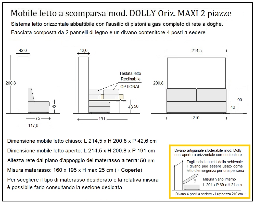 scheda tecnica letto a scomparsa letti due piazze dolly orizzontale