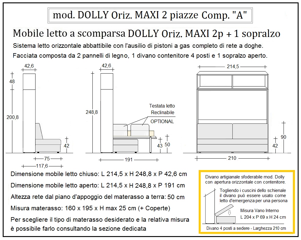 scheda tecnica letto a scomparsa letti due piazze dolly orizzontale composizione a