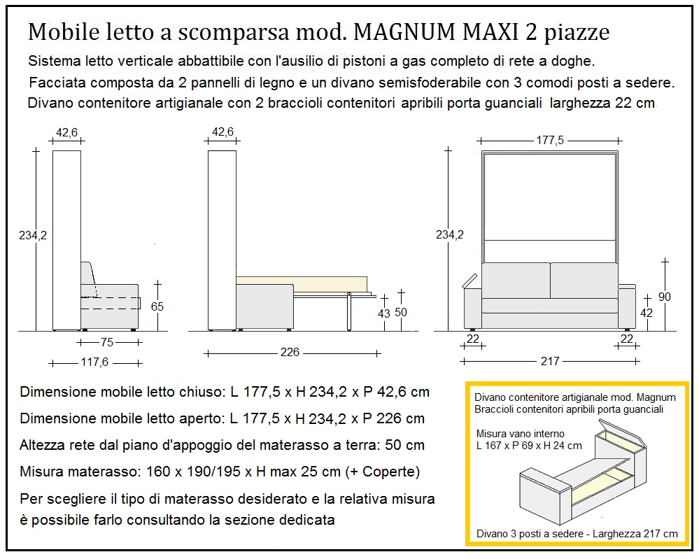 scheda tecnica letto a scomparsa letti due piazze magnum 