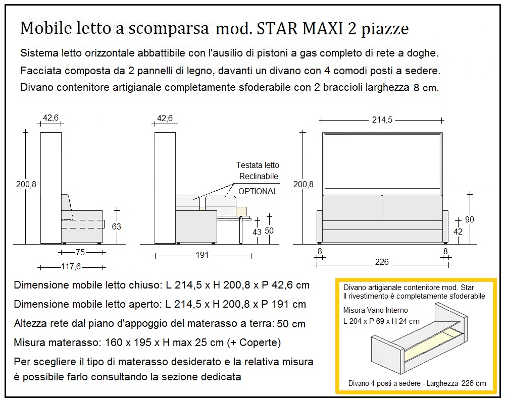 scheda tecnica letto a scomparsa letti due piazze star