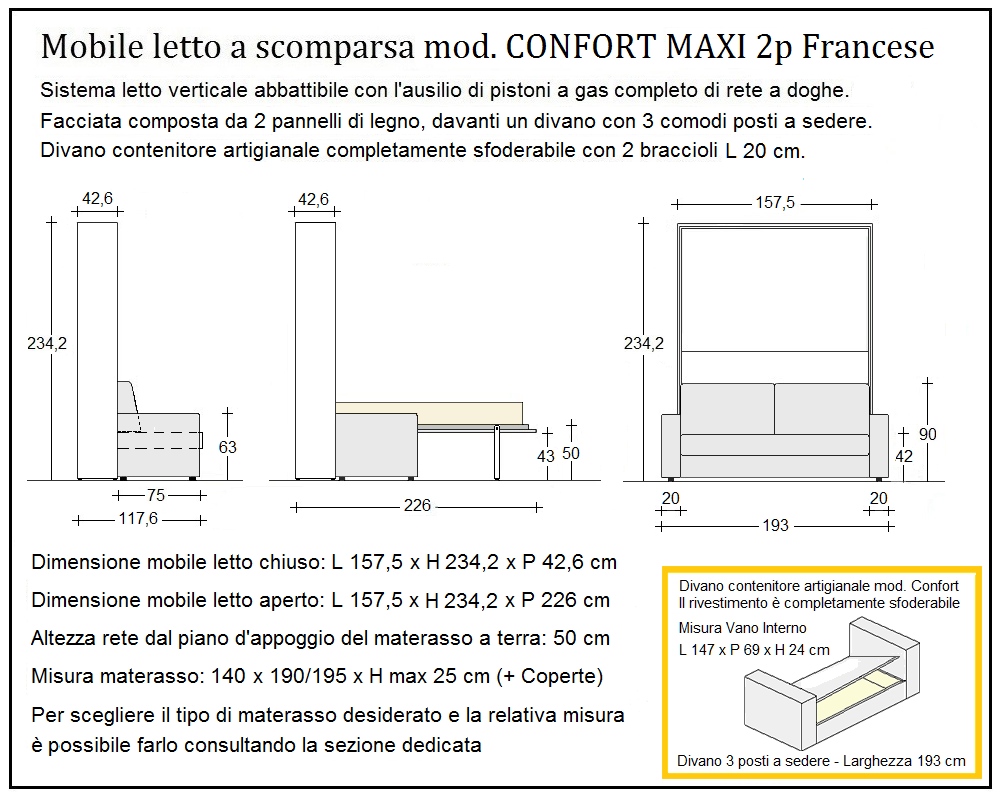 scheda tecnica letto a scomparsa letti due piazze francese confort