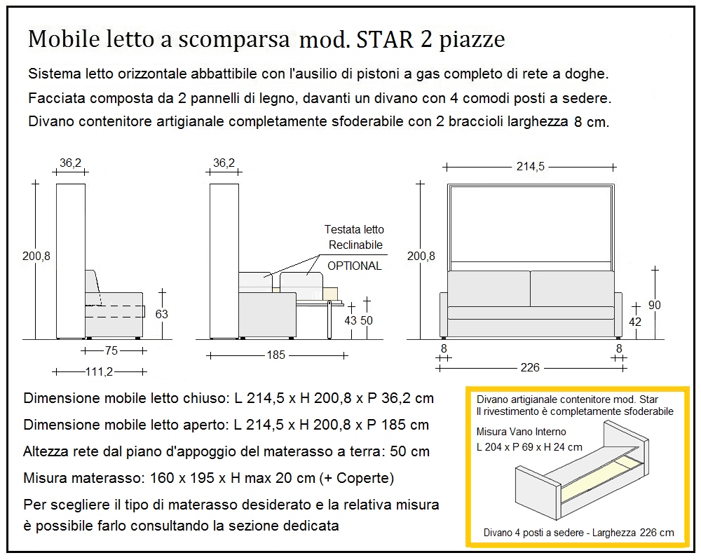 scheda tecnica letto a scomparsa letti due piazze star