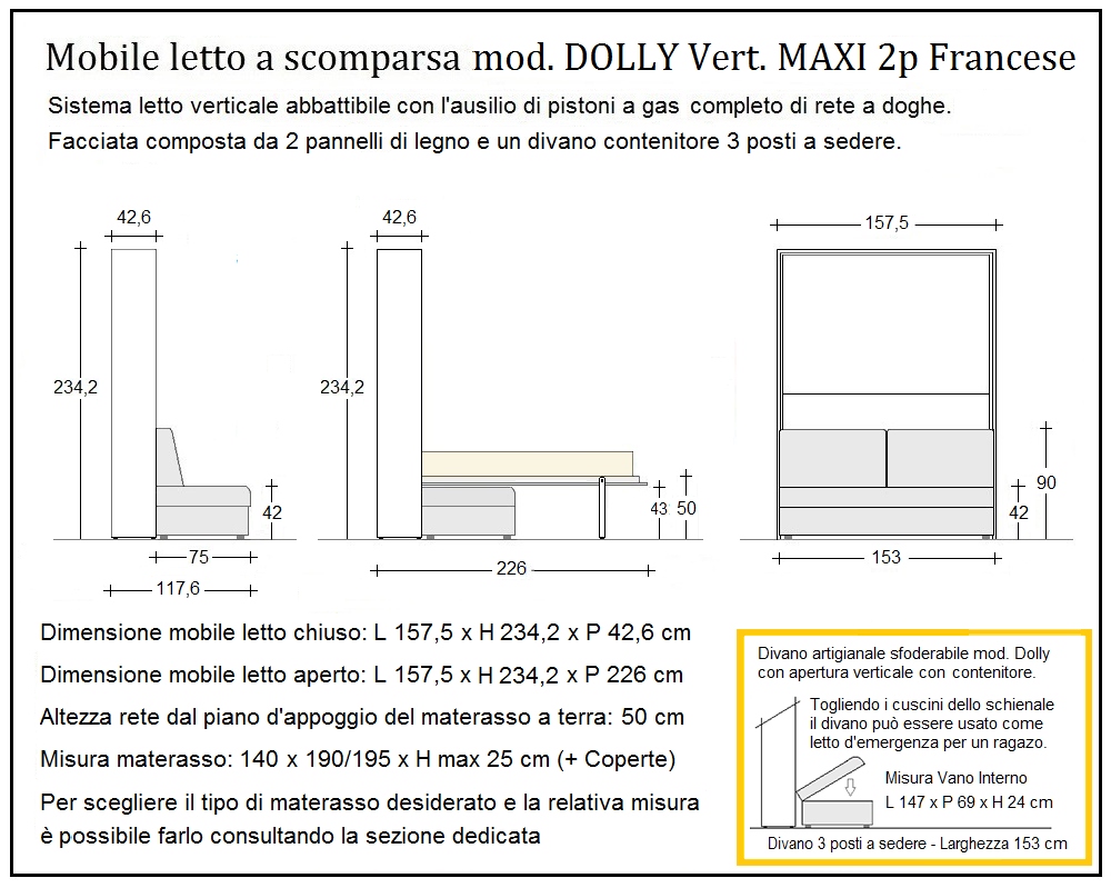 scheda tecnica letto a scomparsa letti due piazze francese dolly verticale