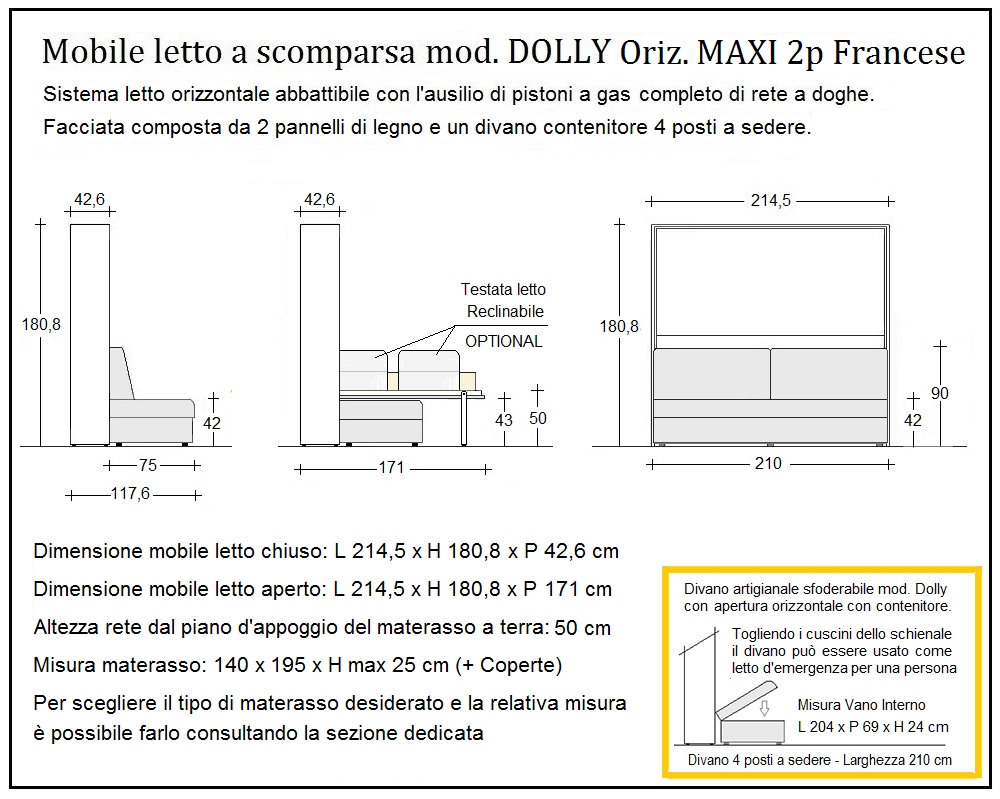 scheda tecnica letto a scomparsa letti due piazze francese dolly orizzontale