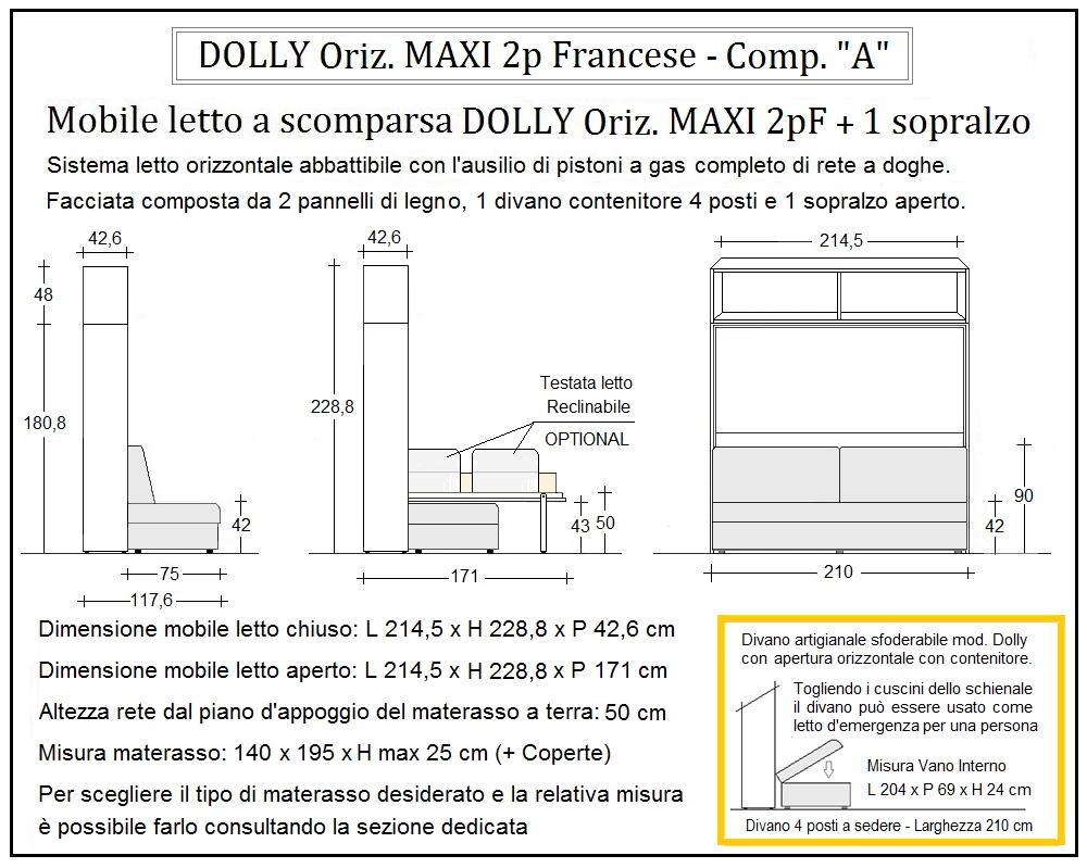 scheda tecnica letto a scomparsa letti due piazze francese dolly orizzontale composizione a