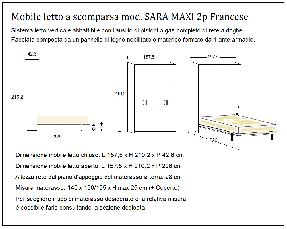 scheda tecnica letto a scomparsa letti due piazze francese sara