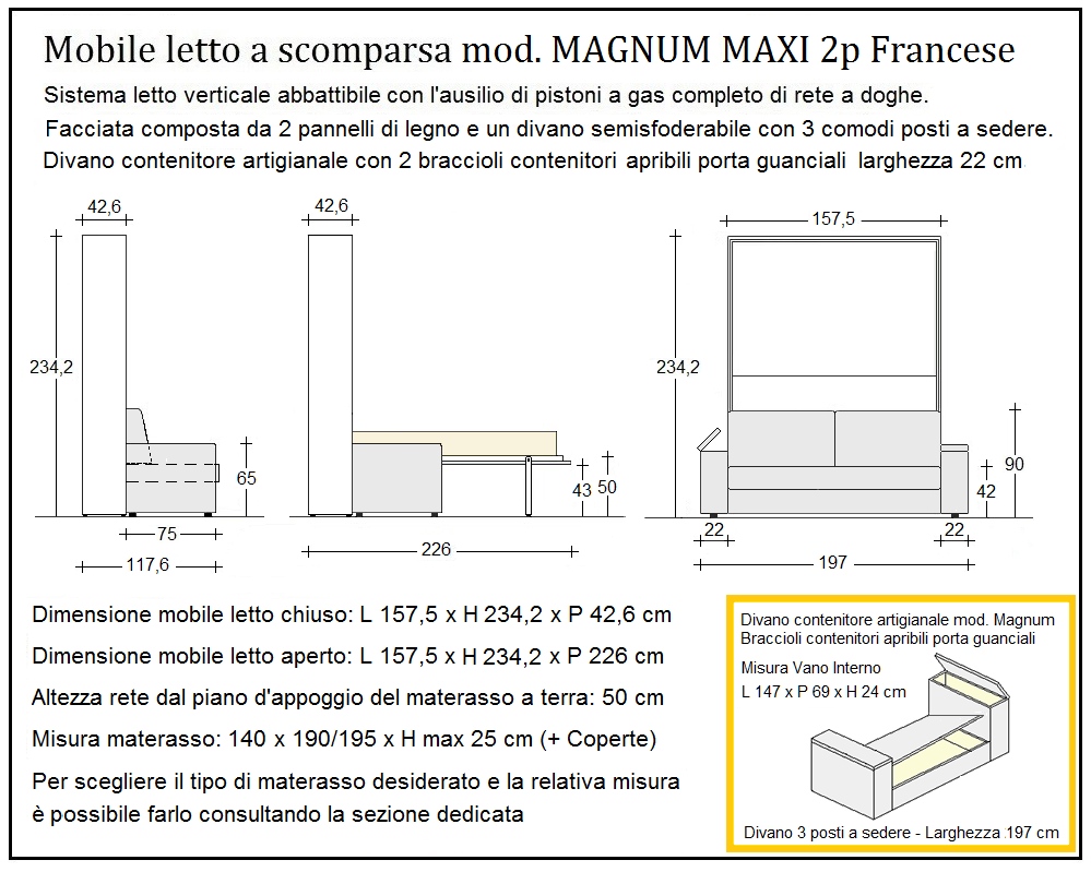 scheda tecnica letto a scomparsa letti due piazze francese magnum