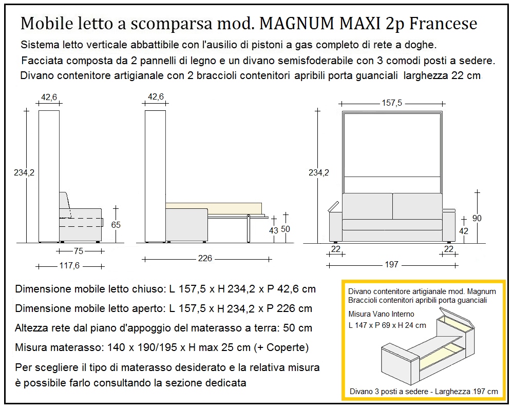 scheda tecnica letto a scomparsa letti due piazze francese magnum 