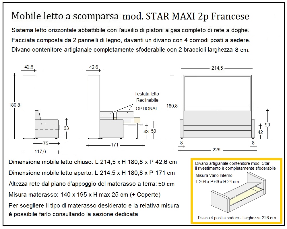 scheda tecnica letto a scomparsa letti due piazze francese star