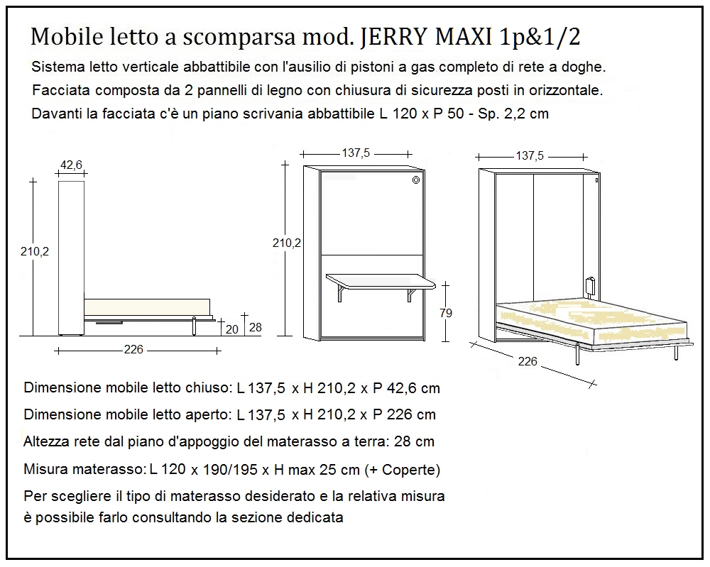 scheda tecnica letto a scomparsa letti una piazza e mezza jerry