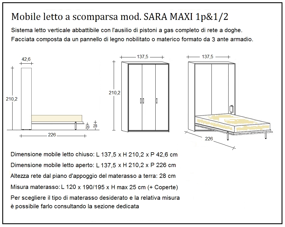 scheda tecnica letto a scomparsa letti una piazza e mezza sara