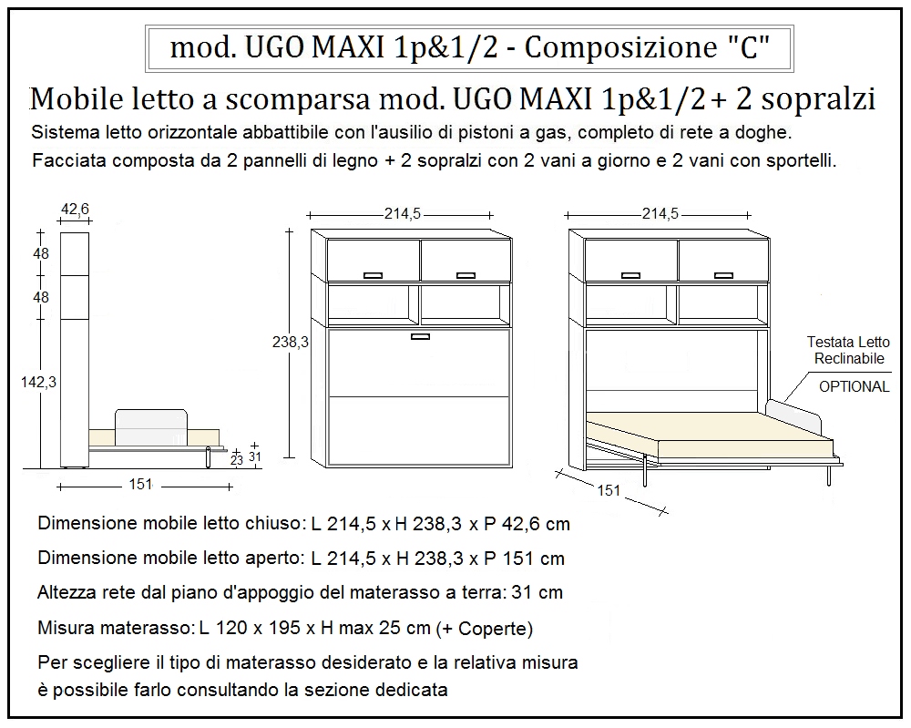scheda tecnica letto a scomparsa letti una piazza e mezza ugo composizione c