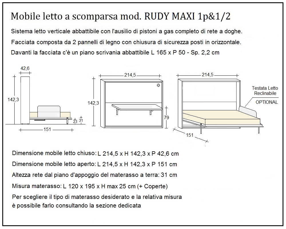 scheda tecnica letto a scomparsa letti una piazza e mezza rudy