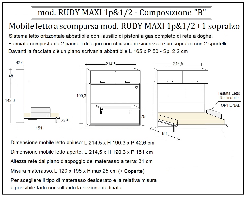 scheda tecnica letto a scomparsa letti una piazza e mezza rudy composizione b