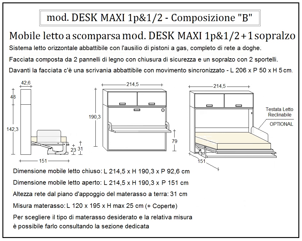 scheda tecnica letto a scomparsa letti una piazza e mezza desk composizione b