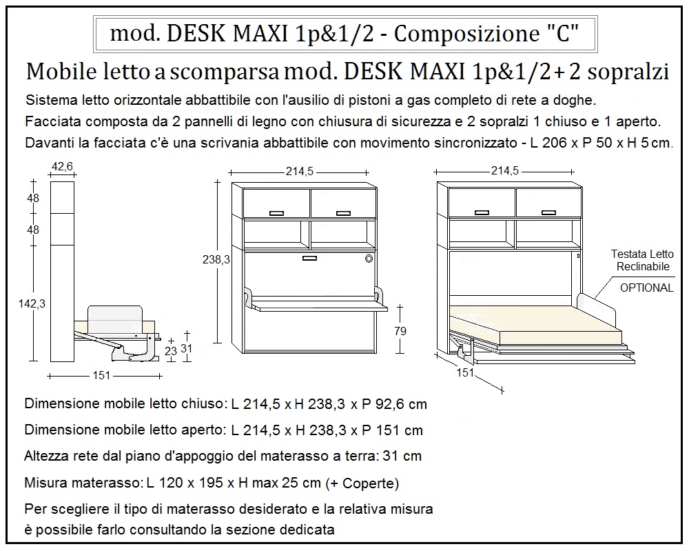 scheda tecnica letto a scomparsa letti una piazza e mezza desk composizione c