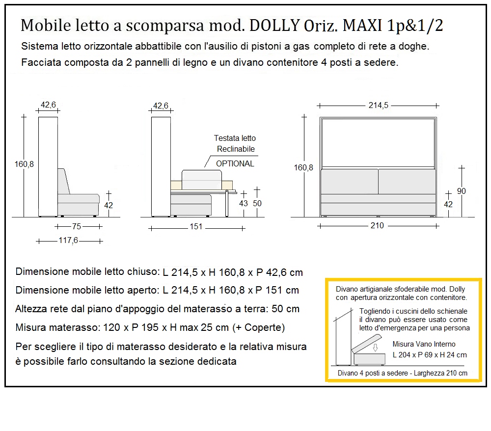 scheda tecnica letto a scomparsa letti una piazza e mezza dolly orizzontale