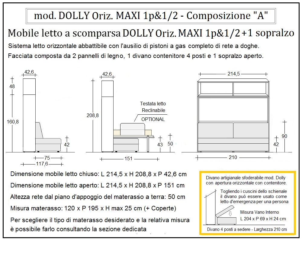 scheda tecnica letto a scomparsa letti una piazza e mezza dolly orizzontale composizione a
