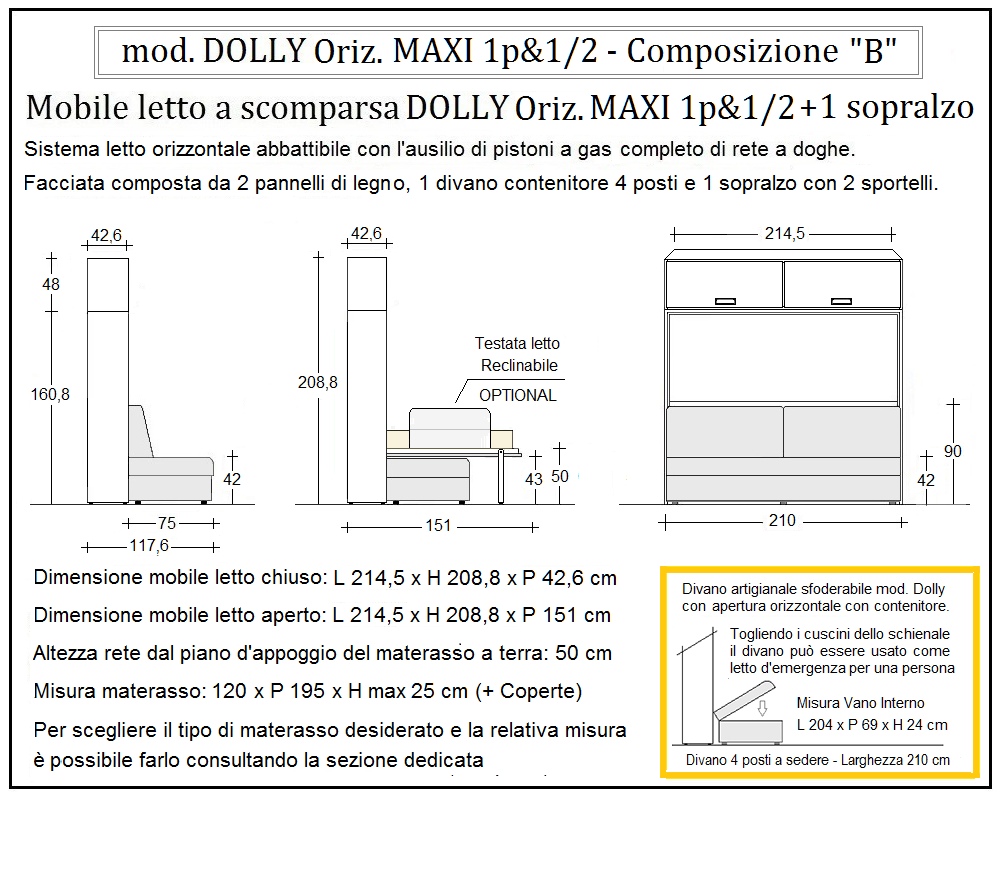 scheda tecnica letto a scomparsa letti una piazza e mezza dolly orizzontale composizione b
