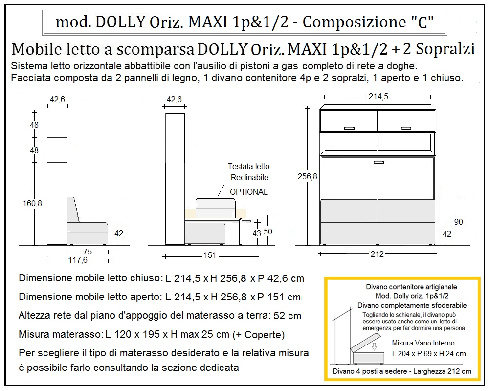 scheda tecnica letto a scomparsa letti una piazza e mezza dolly orizzontale composizione c
