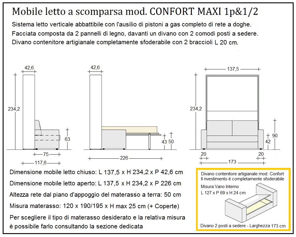 scheda tecnica letto a scomparsa letti una piazza e mezza confort