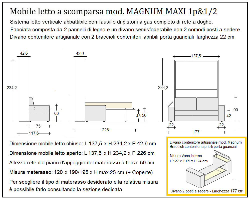 scheda tecnica letto a scomparsa letti una piazza e mezza magnum 