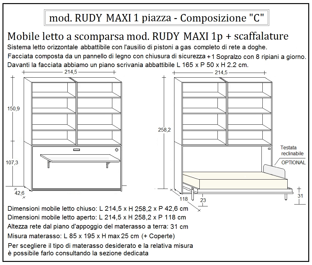 scheda tecnica letto a scomparsa letti una piazza rudy composizione c