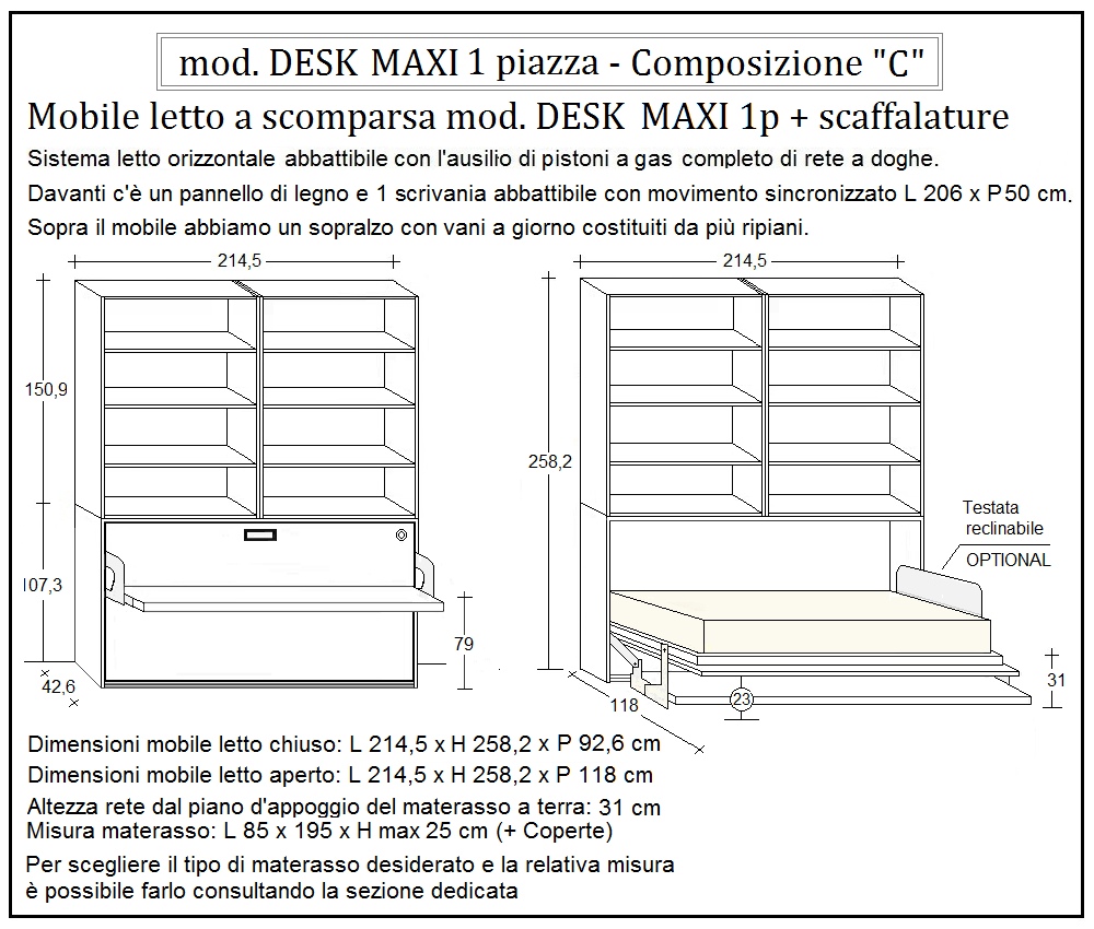 scheda tecnica letto a scomparsa letti una piazza desk composizione c