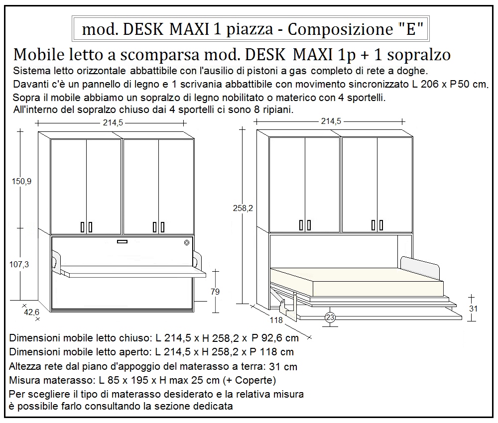 scheda tecnica letto a scomparsa letti una piazza desk composizione e