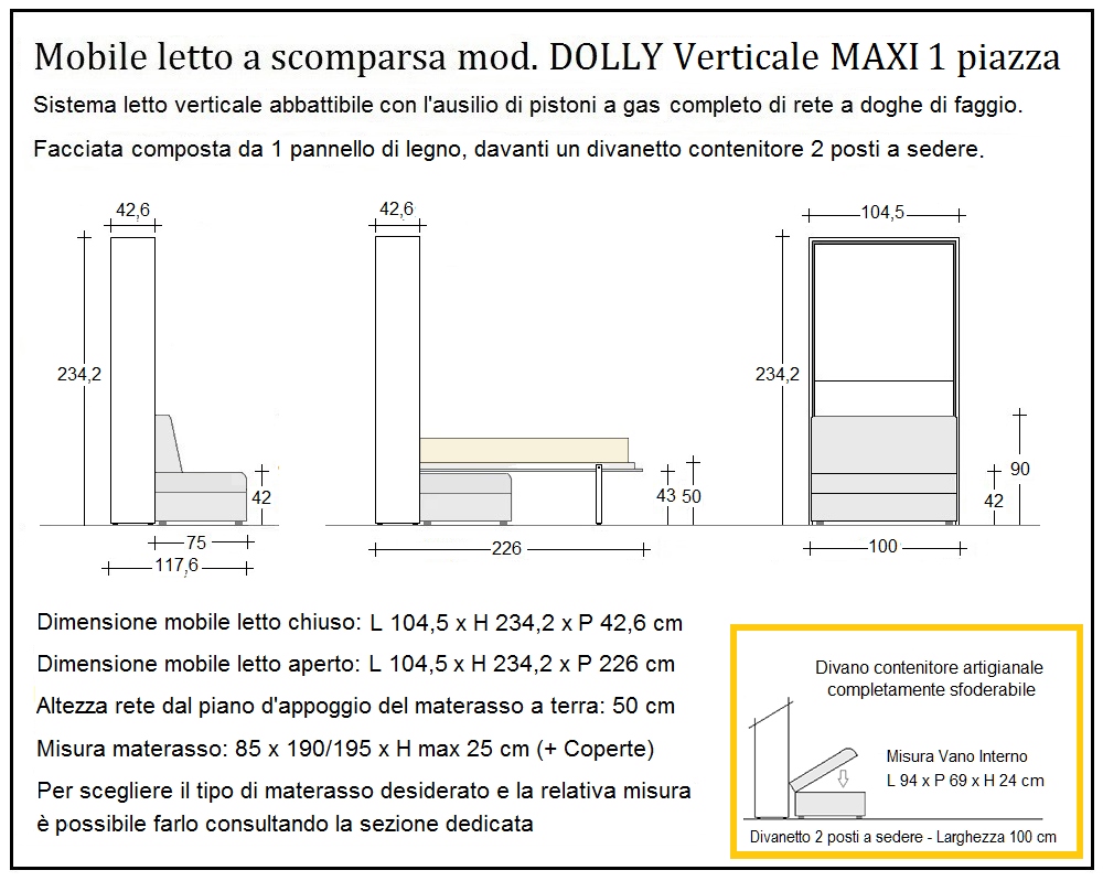 scheda tecnica letto a scomparsa letti una piazza dolly verticale