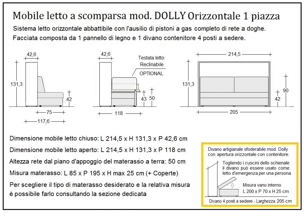 scheda tecnica letto a scomparsa letti una piazza dolly orizzontale