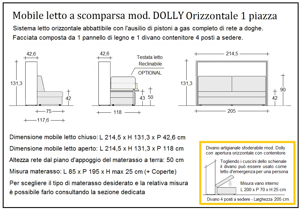 scheda tecnica letto a scomparsa letti una piazza dolly orizzontale