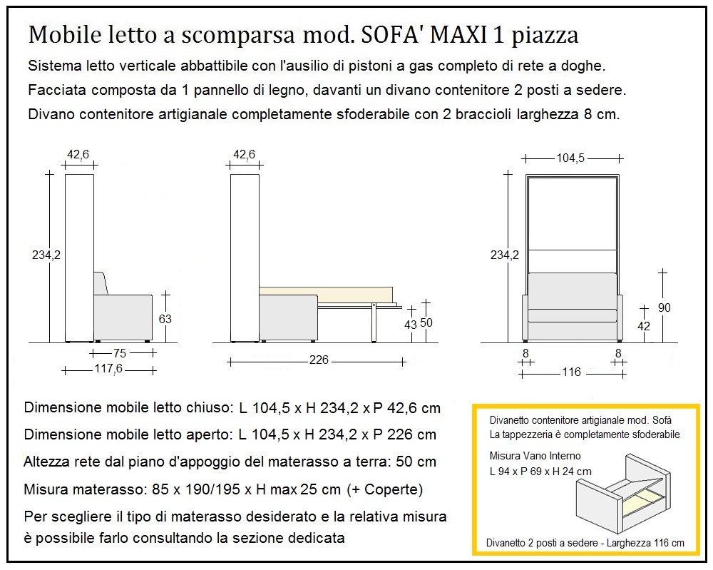 scheda tecnica letto a scomparsa letti una piazza sofà