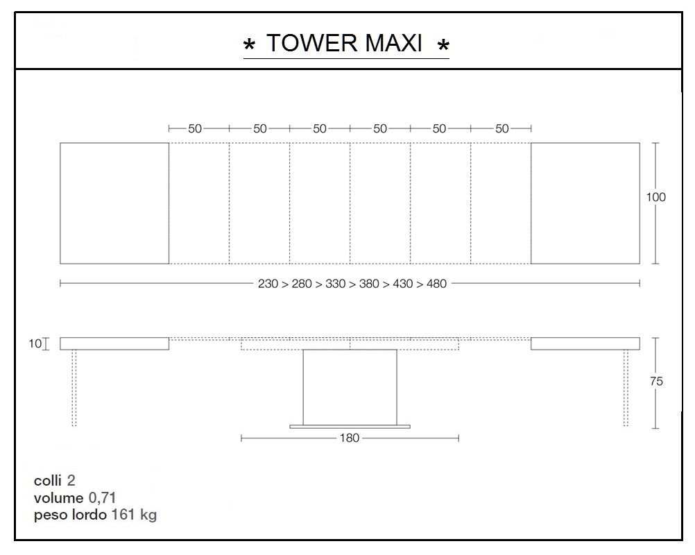 scheda tecnica tavolino trasformabile tower maxi