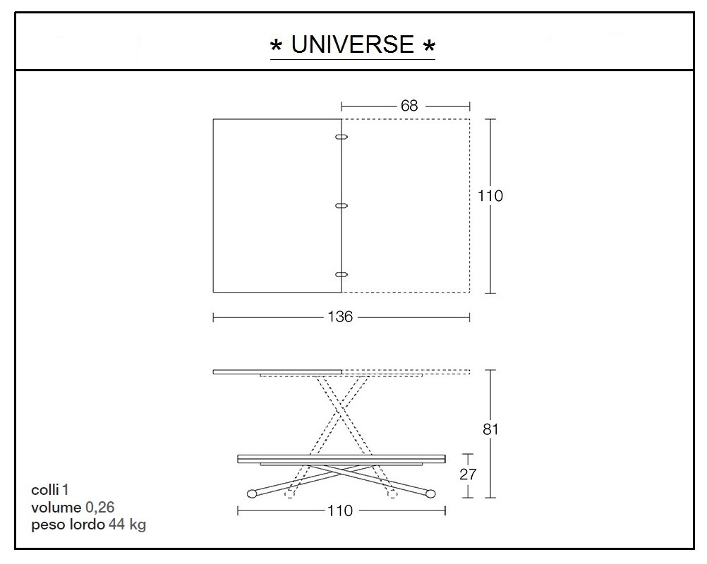 scheda tecnica tavolino trasformabile universe