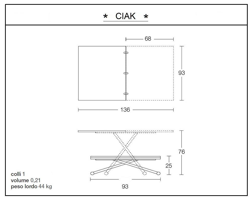 scheda tecnica tavolino trasformabile ciak