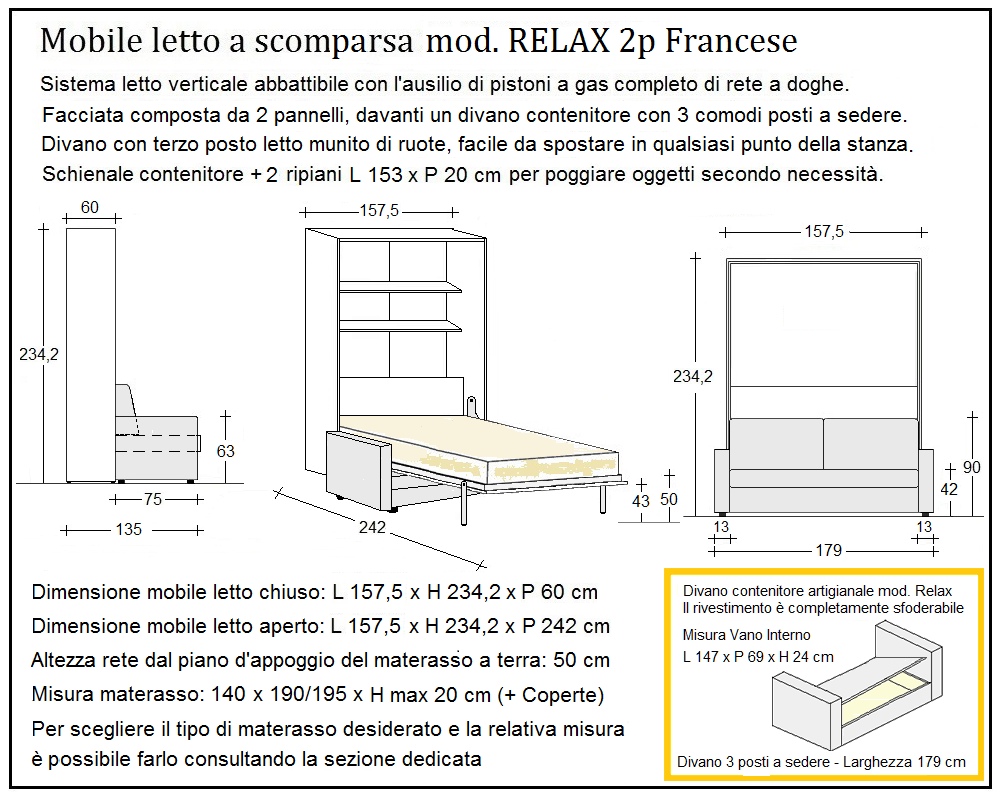 scheda tecnica letto a scomparsa letti due piazze francese relax