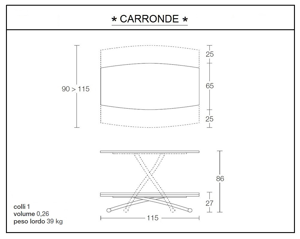 scheda tecnica tavolino trasformabile carronde