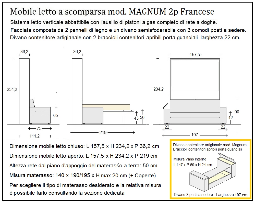 scheda tecnica letto a scomparsa letti due piazze francese magnum
