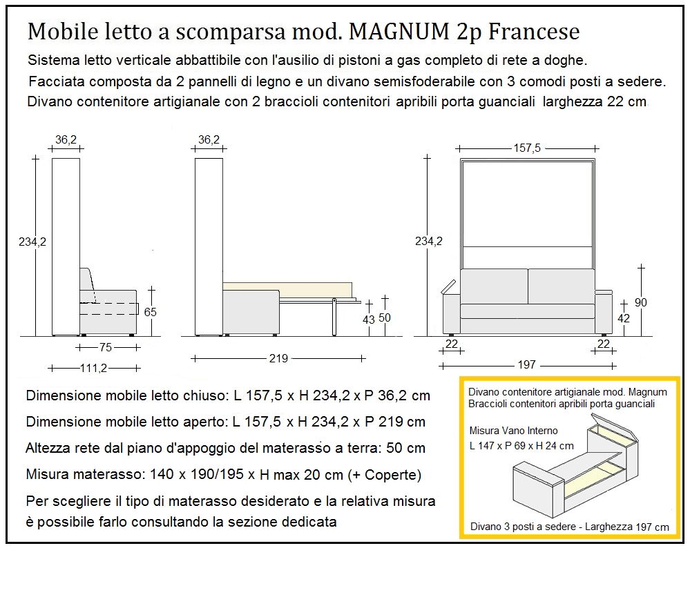 scheda tecnica letto a scomparsa letti due piazze francese magnum 