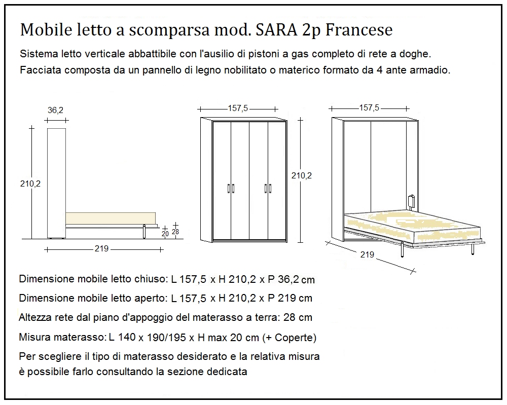 scheda tecnica letto a scomparsa letti due piazze francese sara