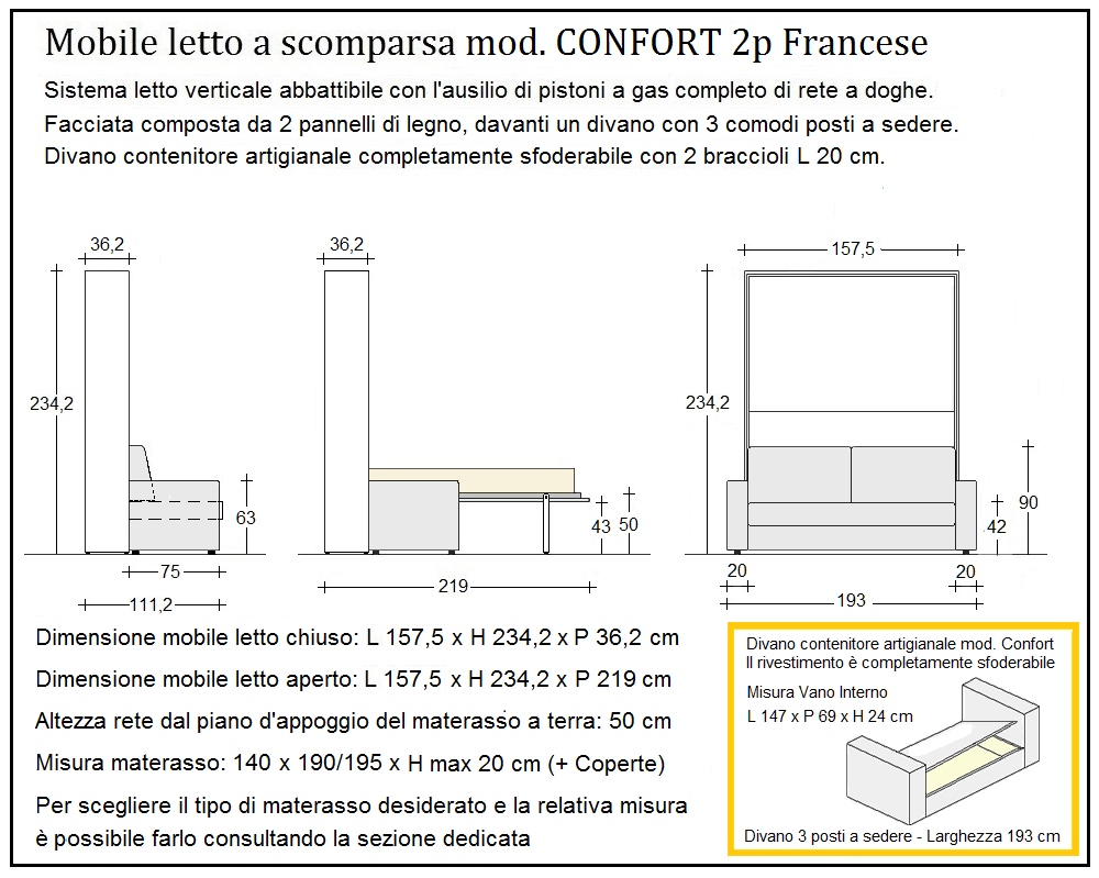 scheda tecnica letto a scomparsa letti due piazze francese confort