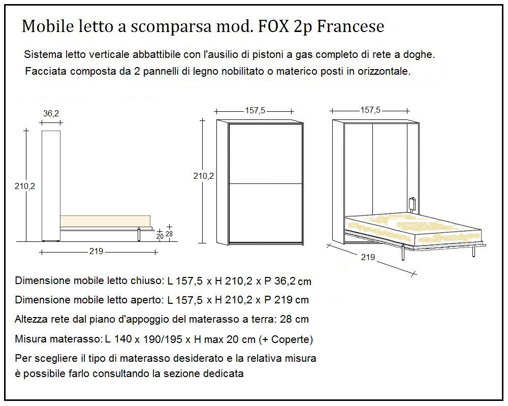 scheda tecnica letto a scomparsa letti due piazze francese fox