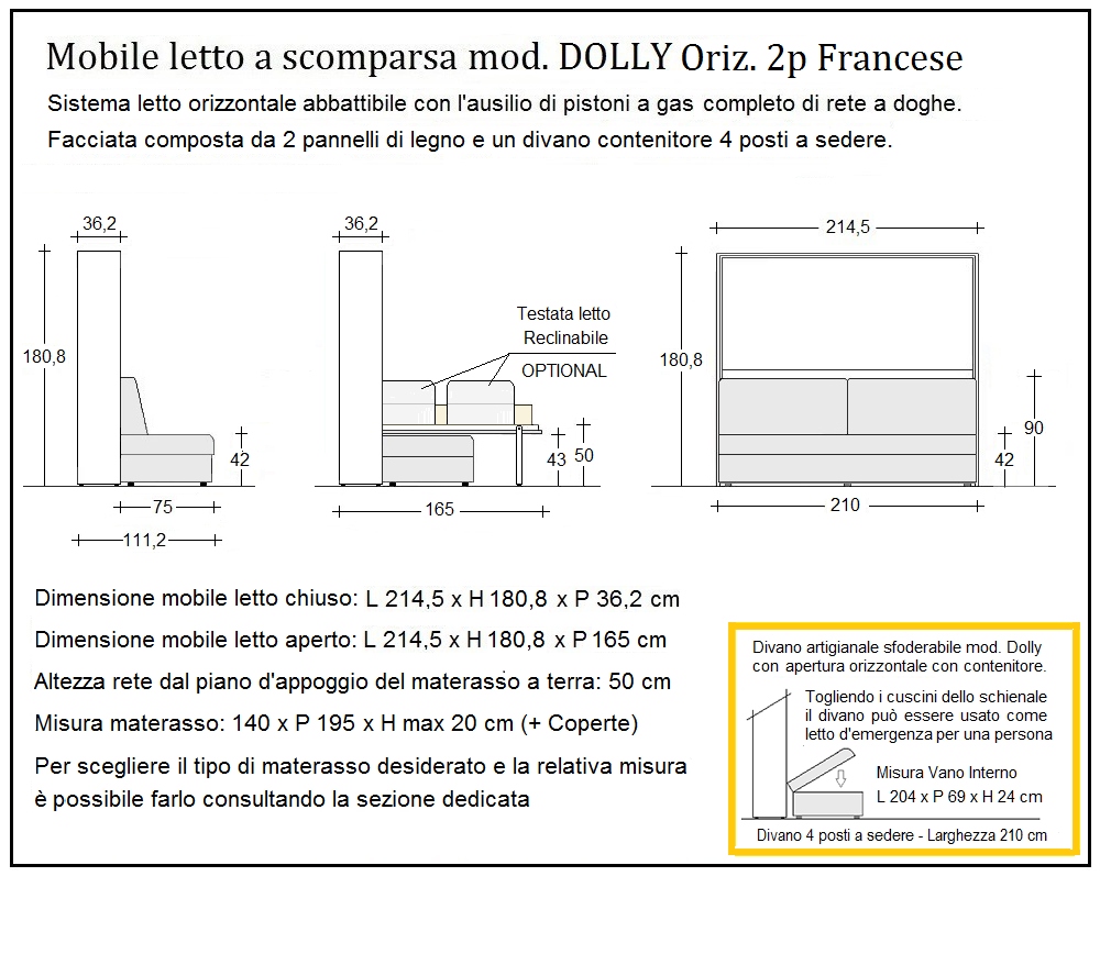 scheda tecnica letto a scomparsa letti due piazze francese dolly orizzontale