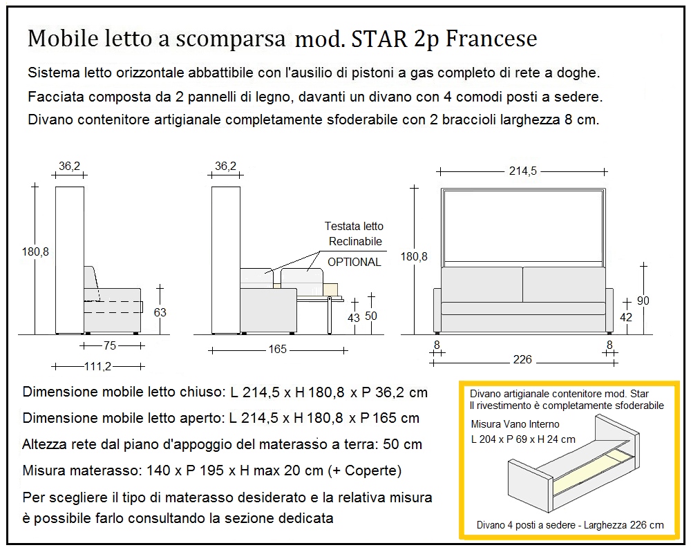 scheda tecnica letto a scomparsa letti due piazze francese star