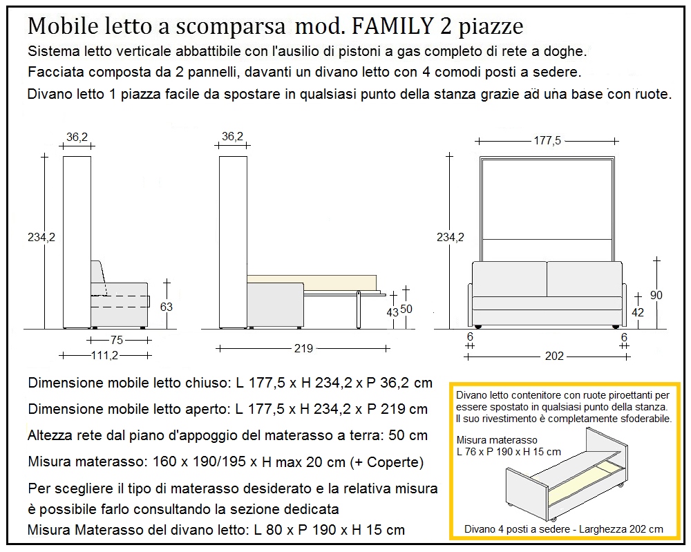 scheda tecnica letto a scomparsa letti due piazze family