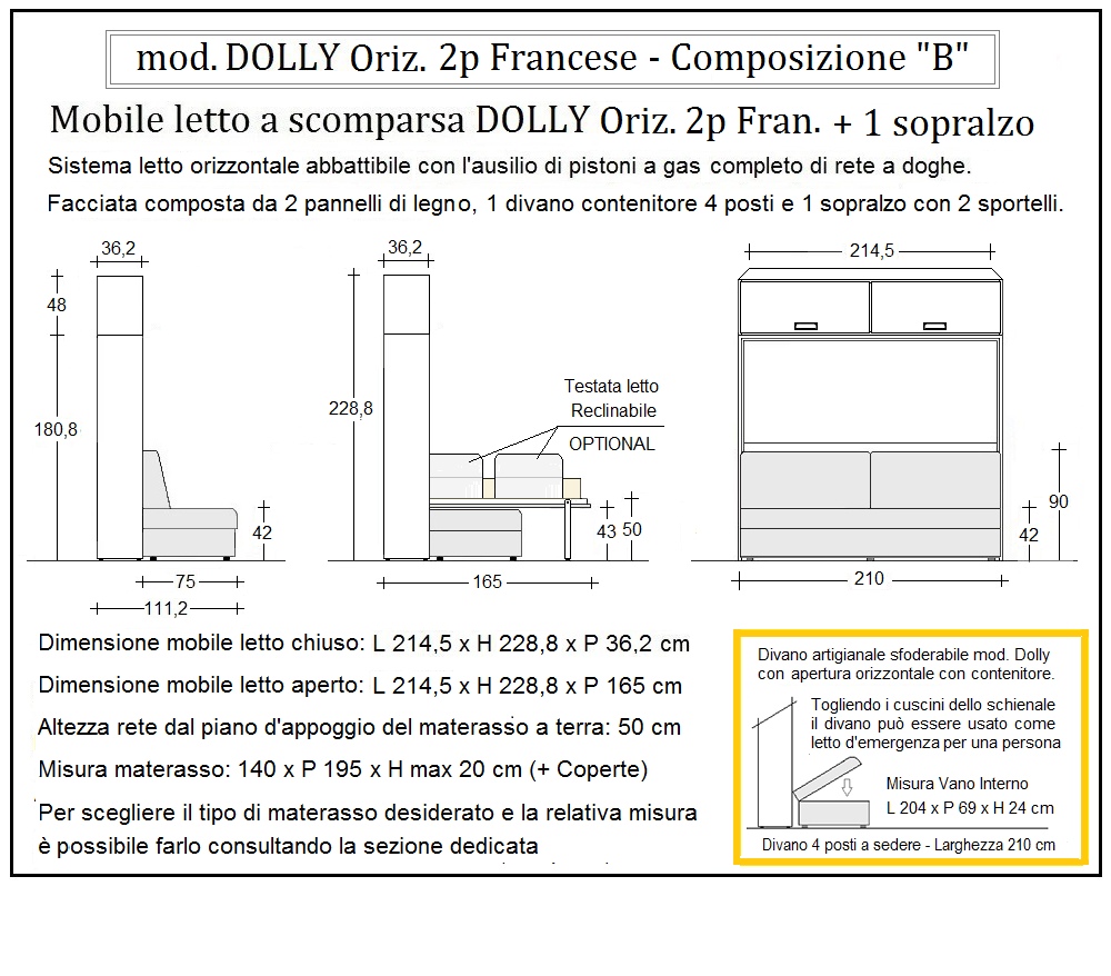 scheda tecnica letto a scomparsa letti due piazze francese dolly orizzontale composizione b